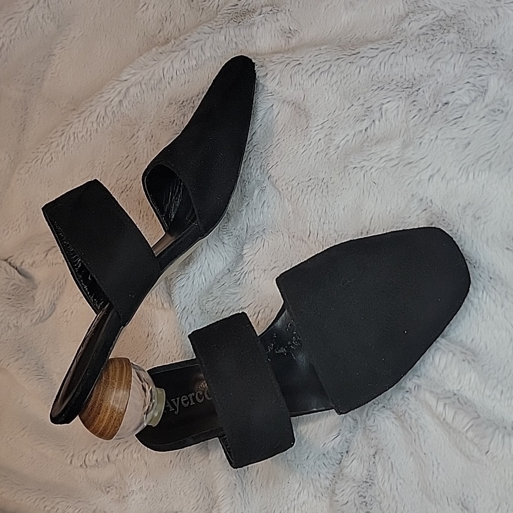 Black Two-Strap Pointed Mule Heels with Sculpted Wooden Ball Heel